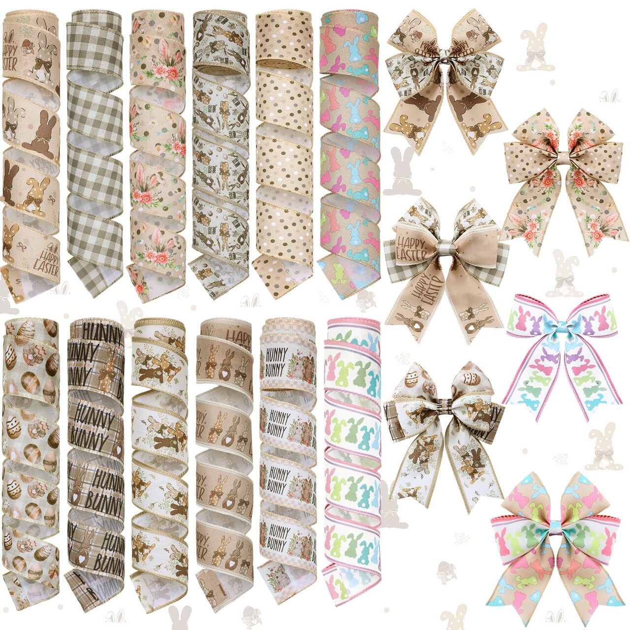 12 Rolls Easter Bunny Wired Edge Ribbon for Wreaths 2 Inch x 60 Yards Happy Easter Floral Bunny Print Grosgrain Ribbon for Bow Gift Bow Crafts Party Supplies 12 Styles